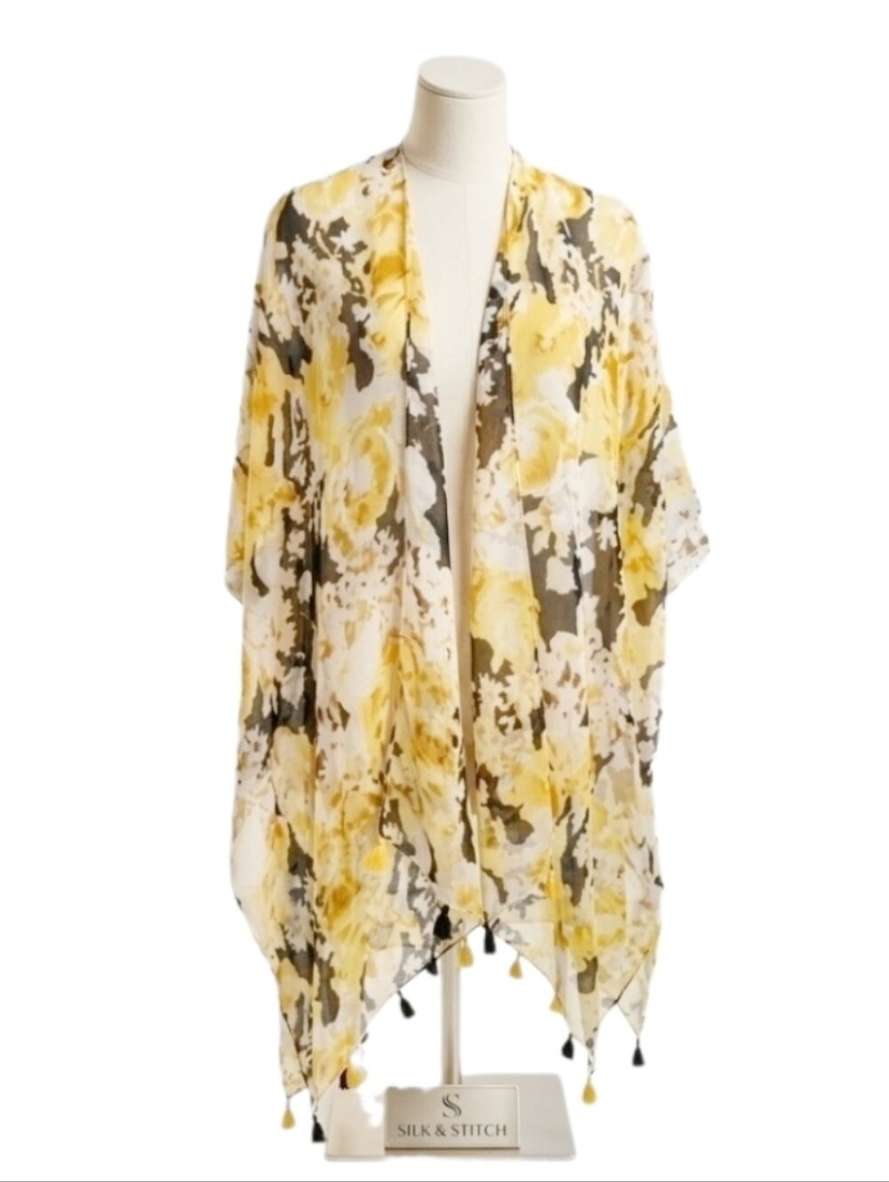 Est. 1946 Floral Semi Sheer Tassled Hem Kimono Style Cover Up Yellow Size OS - Picture 8 of 11